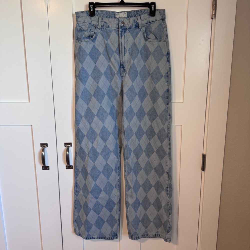 Bershka '90s Denim Diamond Argyle Print Wide Leg Women's Size 12 100% Cotton